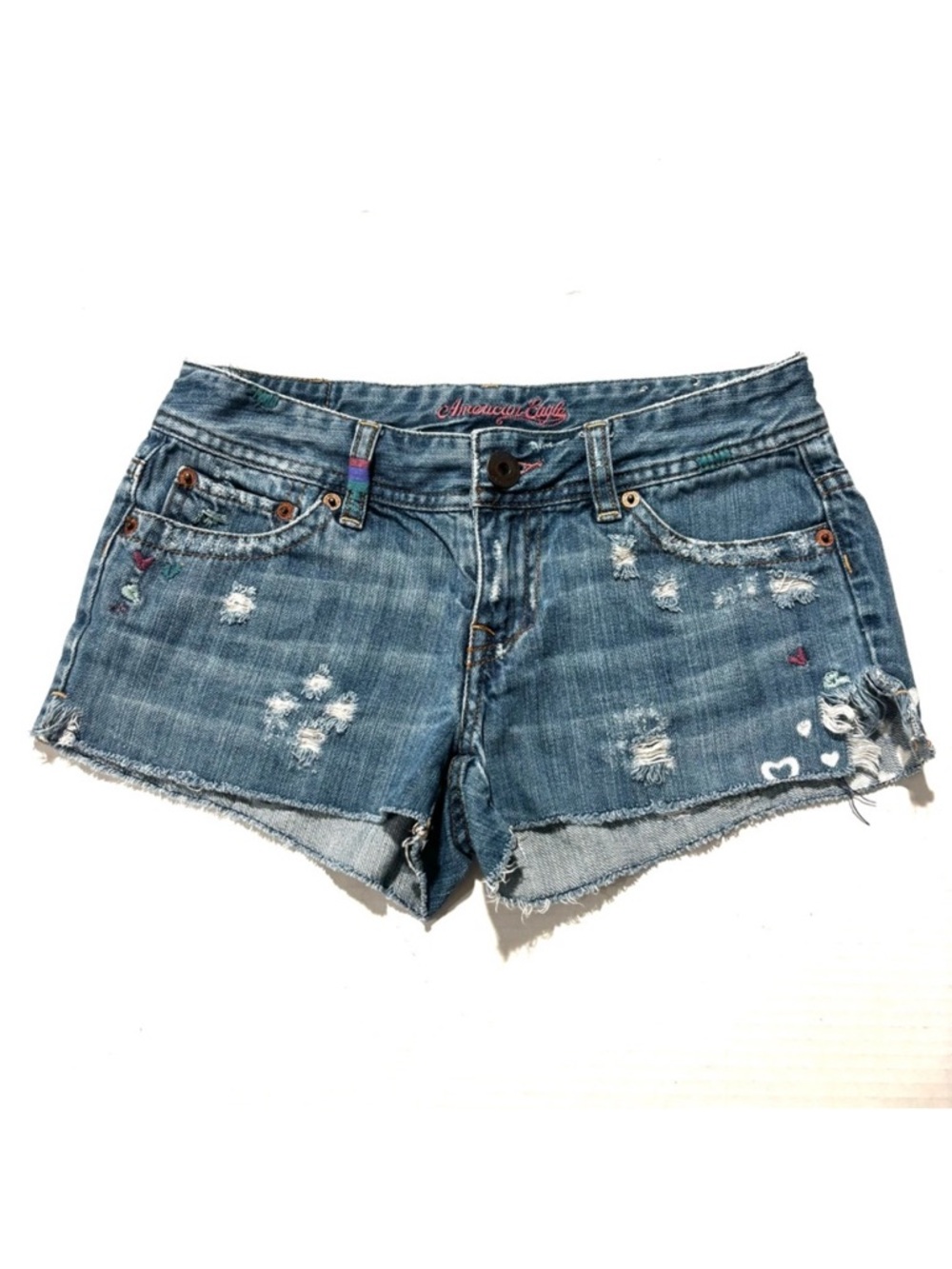 American Eagle Y2K Jean Mini Shorts Boho Low Rise Embroidered Distressed Size 0